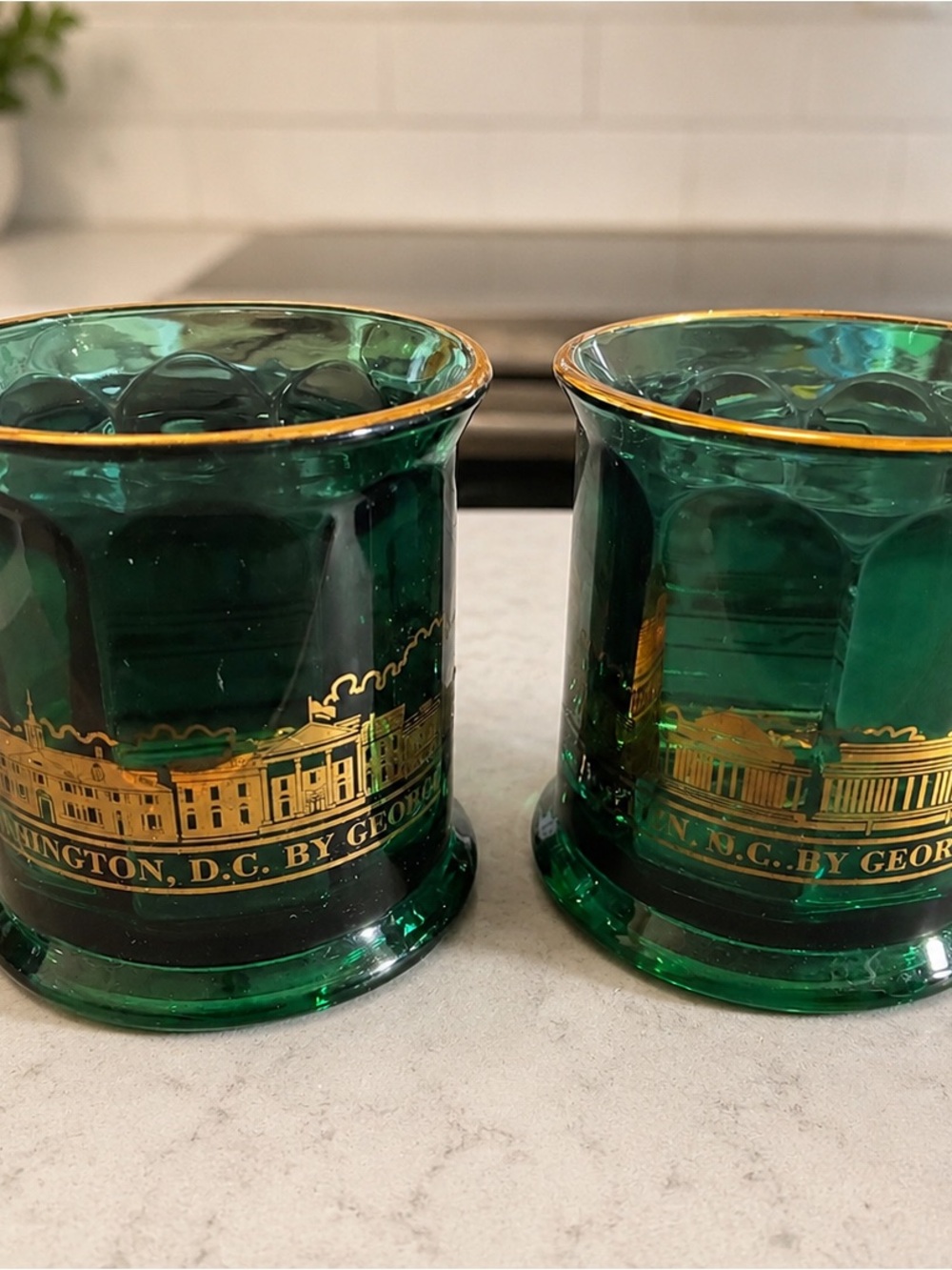 Vintage Washington DC by George Emerald Green Glass Mugs Set of 2 USA